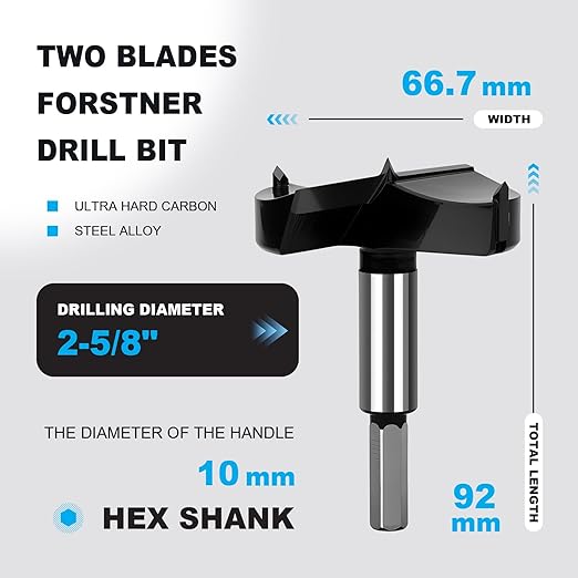 2-5/8 Inch Forstner Drill Bit Carbide Tipped,Woodworking Hinge Cutter for Precise Flat Bottom Holes in Hard Wood,Plywood,Plastic - Professional Grade
