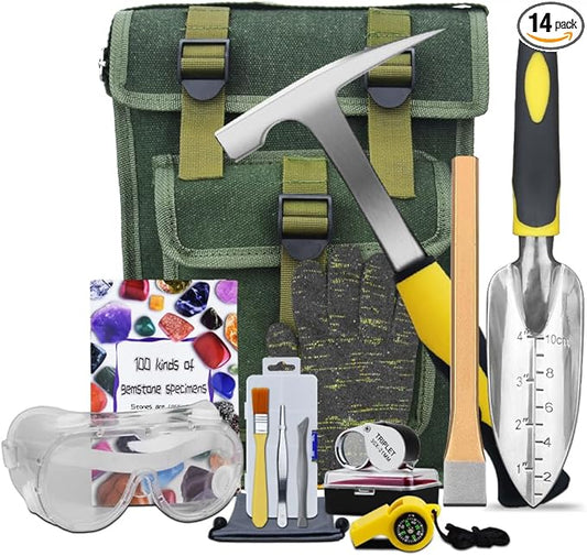 14 PCS Geology Rock Pick Hammer Kit, Gold Mining & Prospecting Equipment Tool, Musette Bag, 22oz Hammer & Digging Chisels, Shovel, Magnifying Glass, Whistle, Goggles