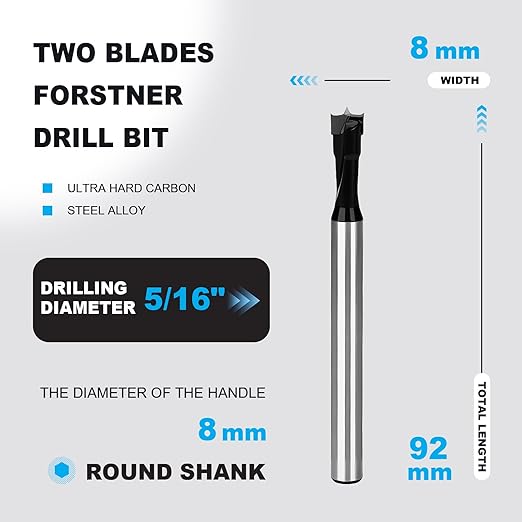 5/16 Inch Forstner Drill Bit Carbide Tipped,Woodworking Hinge Cutter for Precise Flat Bottom Holes in Hard Wood,Plywood,Plastic - Professional Grade