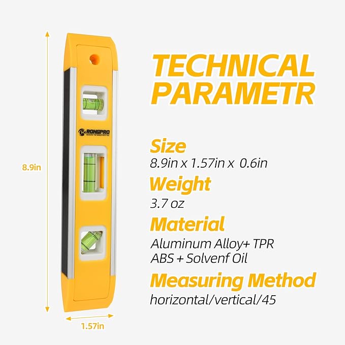 9 Inch Torpedo Level, Magnetic Box Level with 45째/90째/180째 Bubbles, Shock Resistant Bubble Level Tool for Measuring - 3 PCS