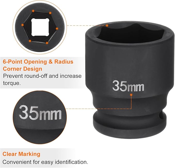 HARFINGTON 6-Point Impact Socket 3/4" Drive 35mm Metric 40Cr Alloy Steel Spindle Axle Nut Impact Socket