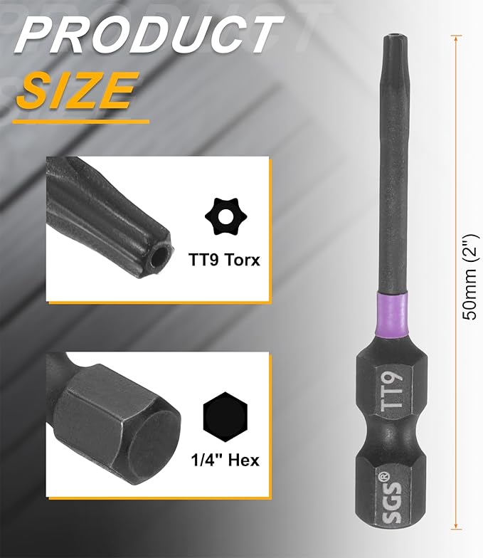 HARFINGTON 2pcs TT9 Torx Head Impact Screwdriver Bits 1/4" Hex Shank 2" (50mm) Long Magnetic Tamper Proof 6 Point Star Screw Driver Drill Bits Phosphate S2 Steel Power Tools with Hole