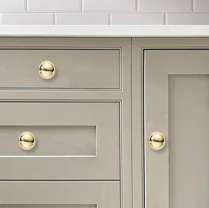 khtumeware 10 Pack 1-1/4 Inch Polished Brass Cabinet Knobs Solid Round Unlacquered Brass Dresser Knobs Drawer Knobs Simple Cabinet Hardware for Cupboard Drawer Pulls.