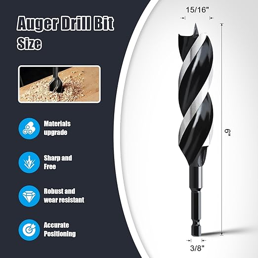 15/16" x 6" Auger Drill Bit for Wood, Hex Shank Tri Flute Ship Auger Long Drill Bit for Soft and Hard Wood,Tree Stump,Plastic,Drywall and Composite Materials
