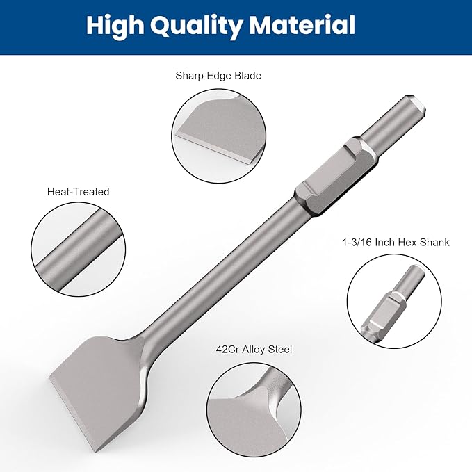 TOOVEM Hex Shank Masonry Chisel, 4 Inch Wide Alloy Steel Demolition Jack Hammer Thinset Scraper Adhesives Remover, Concrete Scraping Chisel Bits for Demolition Concrete Breaker
