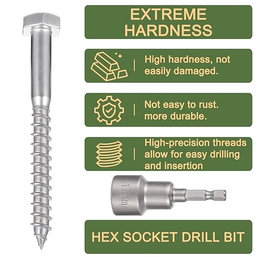 20 Pcs M10x4 Inch Hex Head Lag Screws 304 Stainless Steel 18-8 Exterior Use Lag Screws for Large Outdoor Engineering Projects Outdoor Platforms, Large Fences