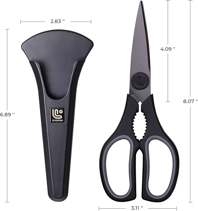 Linoroso Kitchen Scissors All Purpose Kitchen Shears with Magnetic Holder, Soft Grip Handle Cooking Scissors Dishwasher Safe with Come Apart Blade Heavy Duty Scissors for Meat, Vegetable, Herb, Black