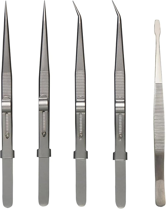 5Pcs Precision Tweezers Set, Flat/Pointed/Curved Angled Locking Long Tweezers for Crafts, Medical Surgical, Lab, Soldering, Jewelry Crafting, Watch & Electronics/Car Repair,Splinter Removal