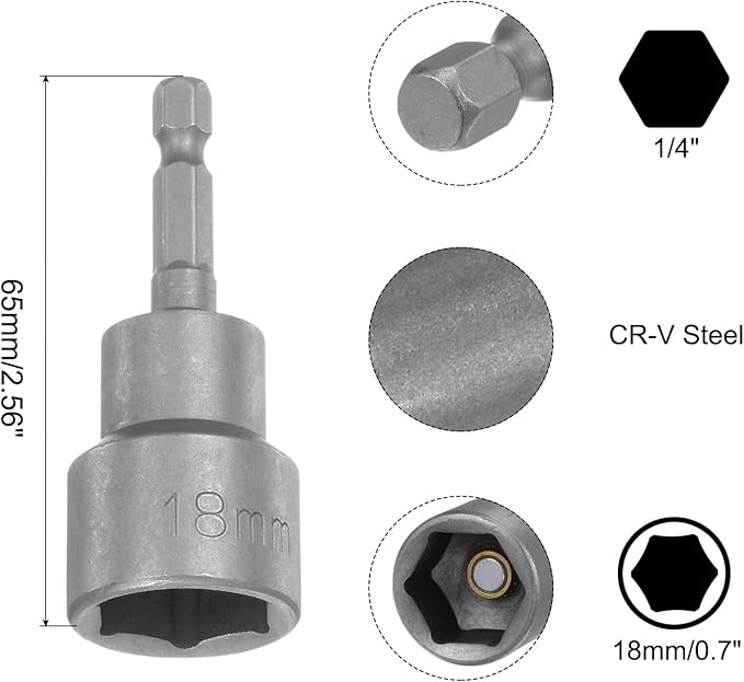 uxcell 18mm Magnetic Hex Socket 65mm/2.56", 1/4" Hex Shank Magnetic Power Nut Driver Set CR-V Quick-Release Extensions for Impact Drill Nut Setters Socket Wrench Screw, 2 Pcs