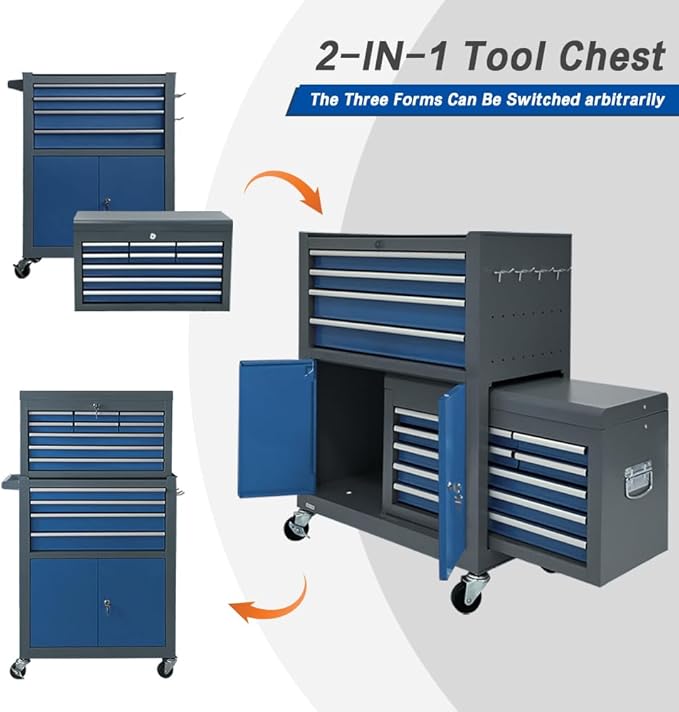 13-Drawer Tool Chest with Double Door and Wheels, Large Detachable Tool Box with Sliding Drawers, Mechanic Toolbox Storage Cabinets, Metal Tool Cart for Garage Workshop (Blue竊낶rey)