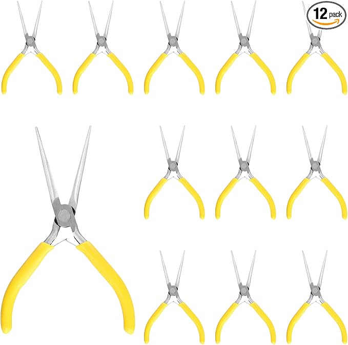 12 PCS 6 Inch Needle Nose Pliers, Long Needle Nose Pliers, Yellow Handle Tapered Needle Nose Plier for Handmade Craft, Jewelry Making