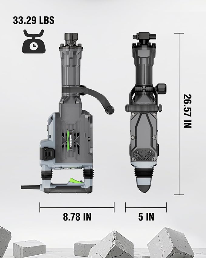 WORKPRO 60 J Demolition Jack Hammer – 15A Heavy Duty Electric Concrete Breaker, 1900 BPM Industrial Jackhammer with 2 HEX30 Chisels, UL Plug, Wheeled Carry Case for Construction & Renovation