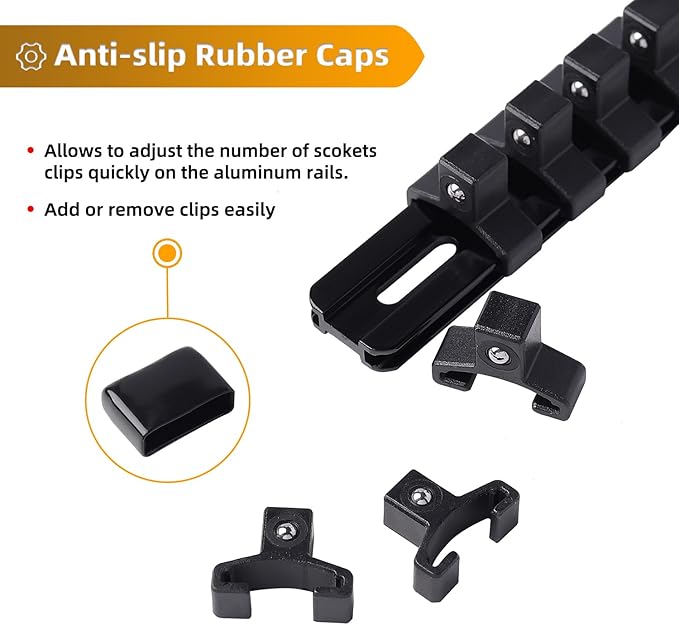 ALOANES 3-Piece Aluminum Alloy Socket Organizer, Heavy Duty Socket Racks, Socket Holder Kit for Toolbox Drawer Fit 1/2, 3/8, 1/4-Inch Socket Holder x 58 Clips (Black)