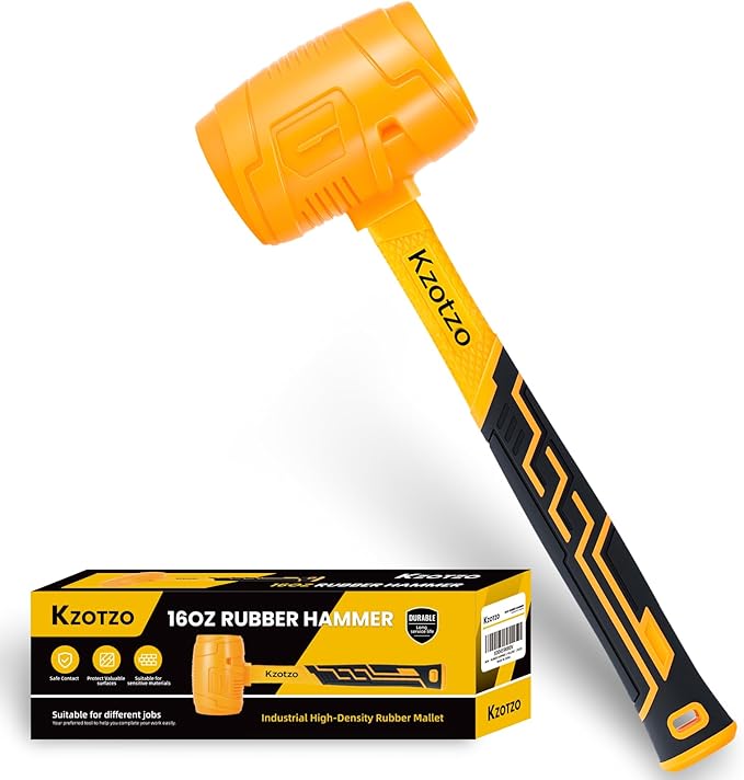 16oz Rubber Mallet Hammer, Fiberglass Handle, Rubber Mallet for Flooring, Tent Stakes, Woodworking, Camping, Soft Blow Tasks without Damage， 2025 upgraded seamless rubber hammer（yellow） (16OZ)