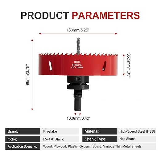 5-1/4" (133mm) Bi-Metal M42 High Speed Steel Hole Saw with Pilot Drill Bit, Smooth Cutting Edge for PVC, Drywall, Wood, Plastic, Gypsum Board, Rubber, Thin Metal