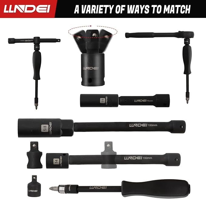 LLNDEI 3/8?쒭rive Impact Socket Set,Standard SAE(5/16 to 3/4-Inch) Metric Size(8-22mm), 95 Piece, CR-V Steel Deep&Shallow Kit, Adapters, Ratchet Handle, Screwdriver Bit Set, Spark Plug Socket, 6 Point
