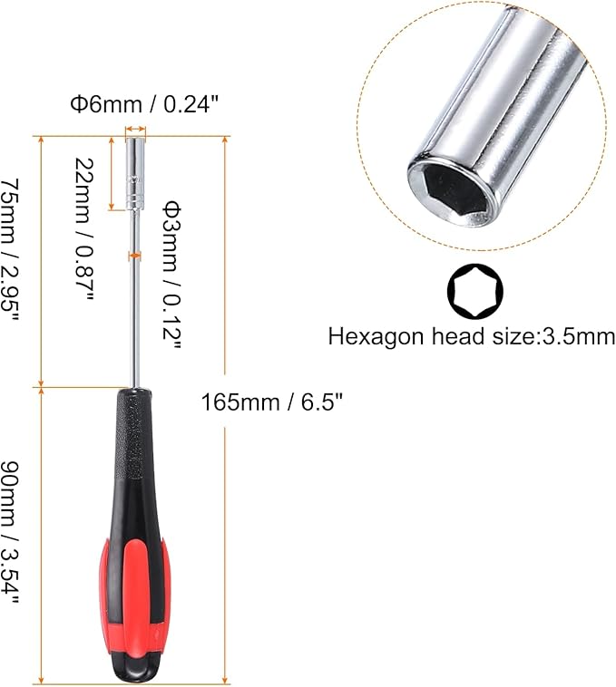 HARFINGTON Metric Nut Driver 3.5mm Dia 75mm Shank Non-Magnetic 6 Point Hex Socket Screwdriver with Non-Slip Handle for Tightening and Loosening Fasteners