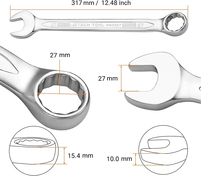 Jetech 27mm Combination Wrench - Industrial Grade Spanners with 12-Point Design, 15-Degree Offset, Made with Durable Chrome Vanadium