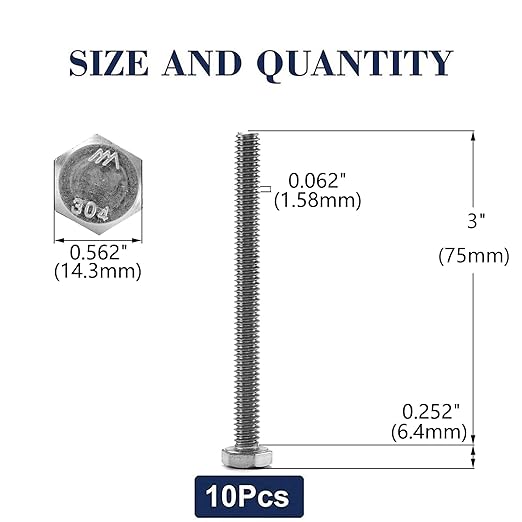 3/8-16 x 3 Hex Head Screw Bolt, 10Pcs 18-8 (304) Stainless Steel, Fully Threaded, Plain Finish, by SG TZH