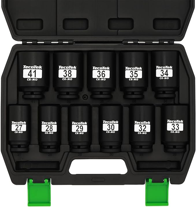 1/2" Drive Deep 6-Point Impact Socket Set, 11-Piece Deep Metric Spindle Axle Nut Impact Socket Set, Cr-Mo, 27mm - 41mm