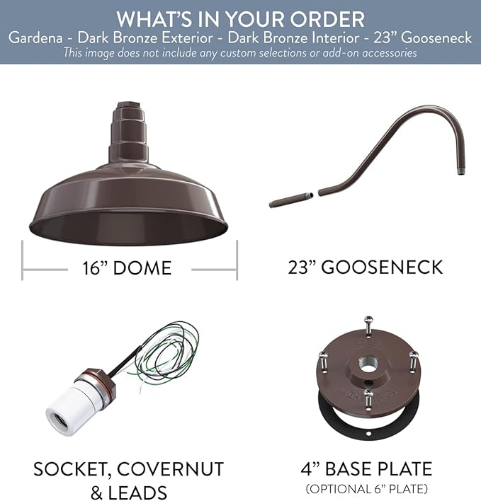 Steel Lighting Co. | Dusk to Dawn | Gardena Barn Light | Outdoor Wall Mounted | 16" Dome | 23" Gooseneck | Farmhouse Light Made in America | Dark Bronze/Dark Bronze