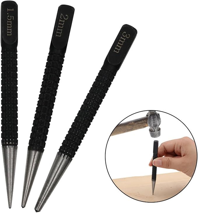 Maxmoral 3PCS 4 Inch Length Black High Carbon Steel Center Punch Set Mechanical Maintenance Installation Positioning Drilling Utensil for Alloy Steel Metal Wood Marking Drilling