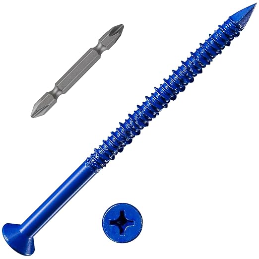 WenSilon(100 PCS) 1/4" x4 Concrete Screw Anchor Blue Flat Head for Anchoring to Masonry, Block or Brick Stucco