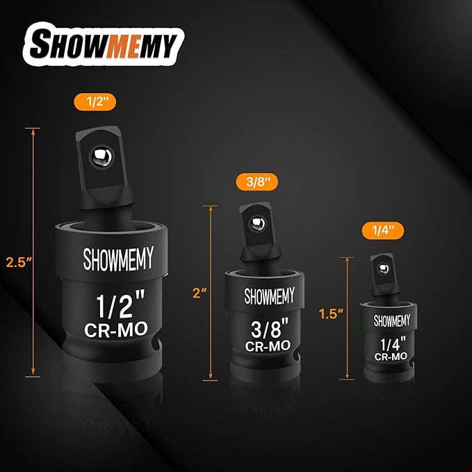 Swivel Socket Set, 3 PCS Impact Swivel Socket Set, Wobble Socket, Impact Grade Universal Joint, Cr-Mo Steel, 1/4-Inch, 3/8-Inch, 1/2-Inch Drive