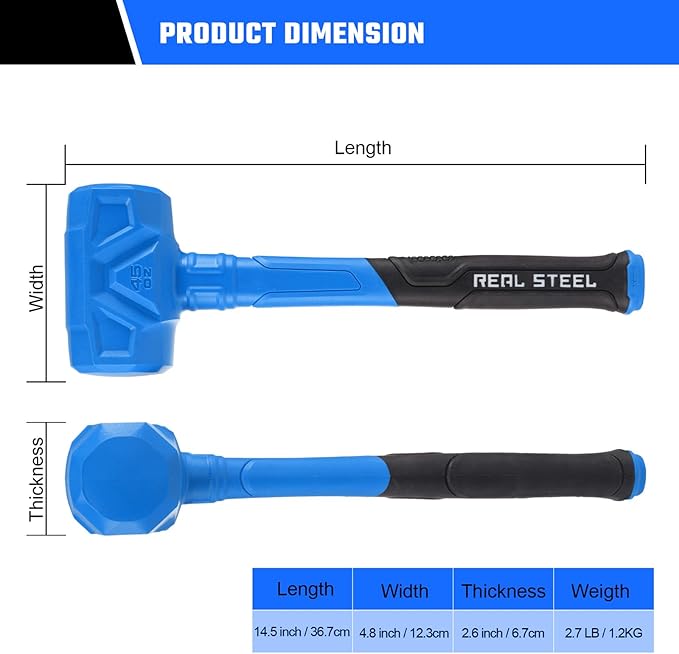 REAL STEEL Dead Blow Hammer 45 Oz Rubber Mallet Non-Marring and Sparking Resistant with Steel Shot-filled Head Ideal for DIY,Automotive,Furniture (0318)