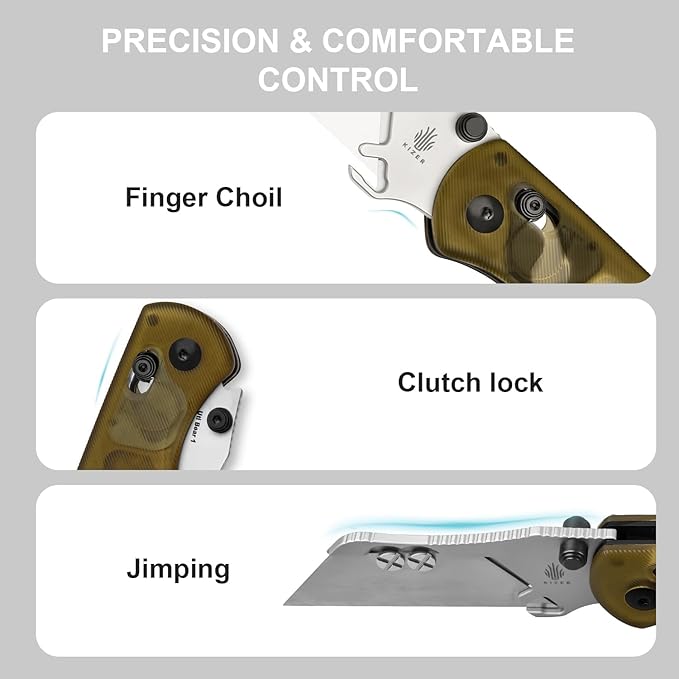 Kizer Uti Bear(New Dual-screw Version) Folding Utility Knife, Clutch Lock Box Cutter EDC Pocket knife with 5PCS Razor Blades, Pocket Knives with Pocket Clip for Men Women V3619JA4
