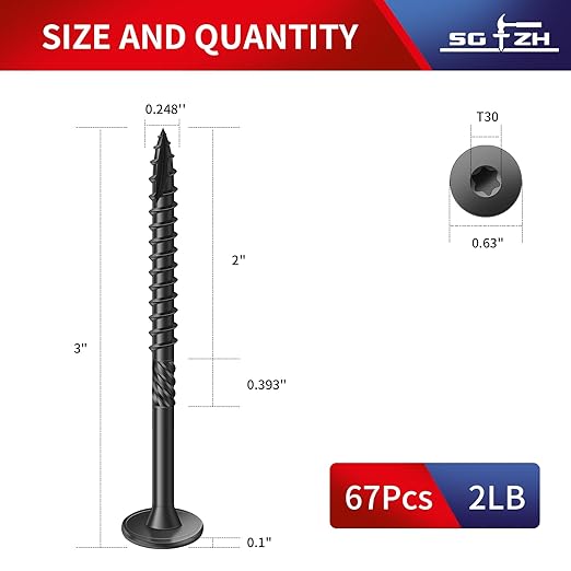 #14 x 3 Inch Outdoor Structural Wood Deck Screws (67Pcs/2lb), Carbon Steel, Black, Flat Head, Rust Resistant Epoxy Coated, T30 Star Bit