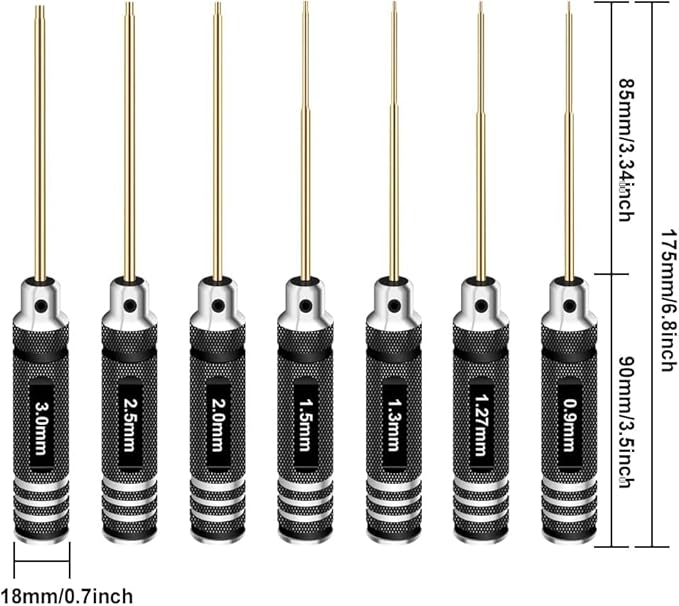 Hex Driver Set Hex Allen Screwdriver Kit 0.9mm 1.27mm 1.3mm 1.5mm 2.0mm 2.5mm 3.0mm Allen Wrench Set Titanium Hexagon Screwdriver RC Tools Kit for RC Car Drone Multi-Axis Helicopter Models(7pcs)
