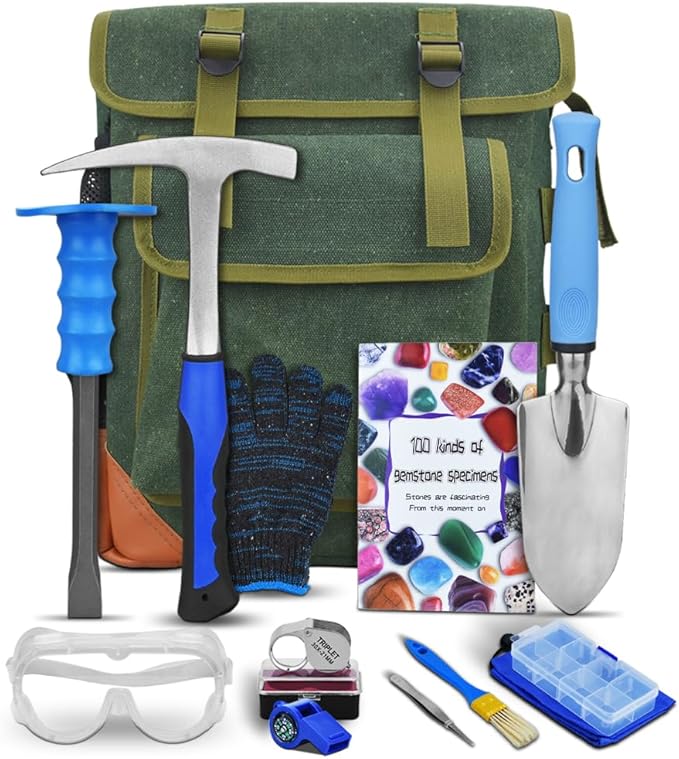 13-Piece Set - Geological Rock Pick Hammer Kit, Rockhound Field Guide - Backpack Portable Chisel and 32-Ounce Hammer Set - Suitable for Gold Mining, Rockhounding and Geology Enthusiasts (Blue)
