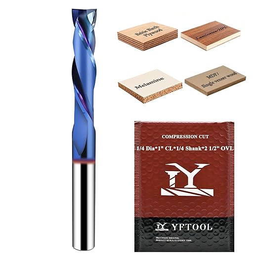 Long-Lasting Sharp 1/4 Compression Router Bit - K30 Premium Carbide CNC Spiral Bit, 1" Cut Length, 1/4" Shank for Plywood, Laminate, MDF, Melamine & Veneered Wood by YFTOOL