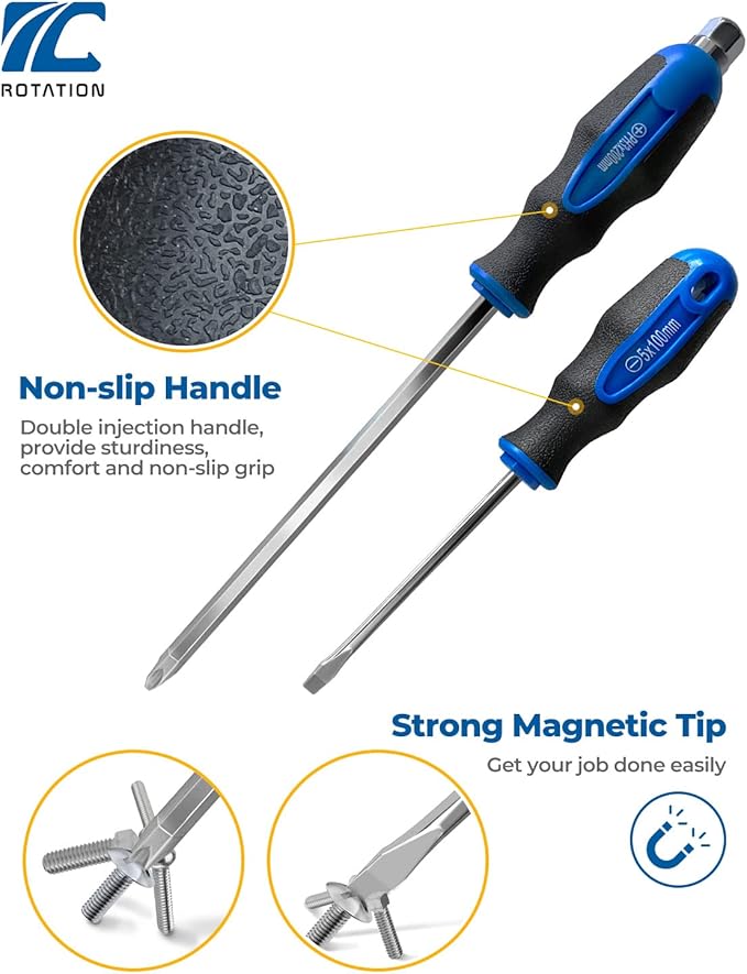 ROTATION Magnetic Screwdriver Set 12 PCS with Nichrome tips, 6 Phillips and 6 Flat Head Screwdrivers, half with Go-Thru Steel Blades, High Torque for Fastening and Loosening (Silver Tip_Gloss Blade)