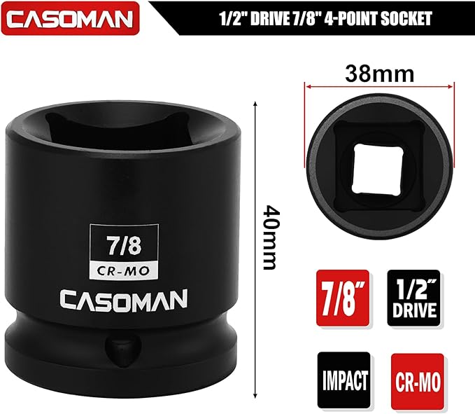 CASOMAN 1/2-Inch Drive 7/8-Inch Square Impact Socket, 4-Point, SAE, CR-MO
