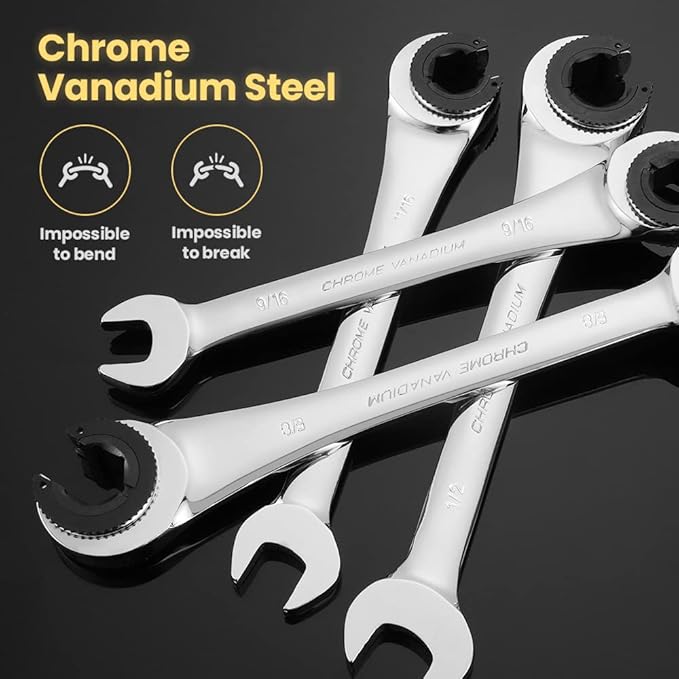 Anbull 10PCS SAE Combination Wrench Set with Open-end Fixed-Head, Standard Tubing Ratchet Wrench with 72 Gears CR-V Steel Constructed 3/8'' 7/16'' 1/2'' 9/16'' 5/8'' 5/16'' 11/32'' 19/32'' 3/4''