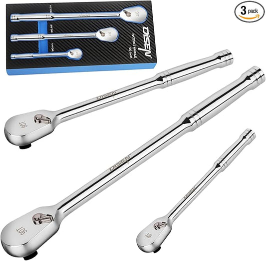 DISEN 3PCS Long Drive Ratchet Handle,1/2'',1/4'',3/8'' 90 Tooth Ratchet Wrench with Dust Proof Teardrop Enclosed Head, Reversible, CR-V Steel Made, CR-MO Head, Full Polished, Gifts for Men