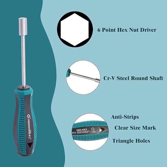 Utoolmart 4.5mm Tip Hex Nut Driver, Socket Wrench Screwdriver with 75mm Cr-V Steel Round Shaft, Non-Magnetic