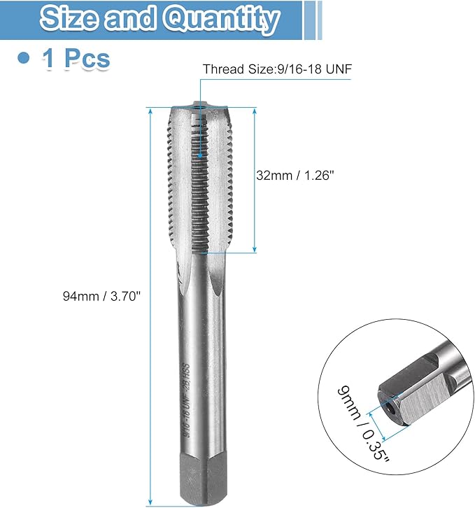 uxcell Hand Bottom Tap 9/16-18 UNF 2B Thread Bottoming Style Threading Taps High Speed Steel HSS6542 Straight Flutes Screw Tapping Tool