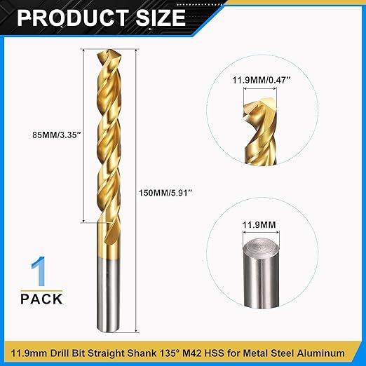 PATIKIL 11.9mm Drill Bit, M42 8% Cobalt High-Speed Steel Jobber Straight Shank 135° Titanium Nitride (TiN) Coated for Hard Metal Stainless Steel - 1 Pack