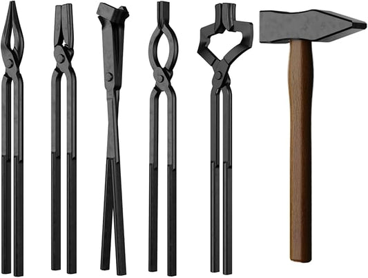 6PCS Blacksmith Tools with Blacksmith Tongs and Blacksmith Hammer,V-Bit, V-Bit Bolt, V-Bit,Scrollings,Square Jaw, and Bladeand Assembled Blacksmithing Tongs for Forging Tools and Equipment