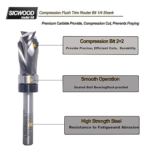 Compression Top Bearing Flush Trim Router Bit 1/4 Shank - 1/2" Cutting Dia, 1" Cut Height, Carbide Spiral Up-Down Pattern Template Flush Cut Router Bit, for Wood Trimming