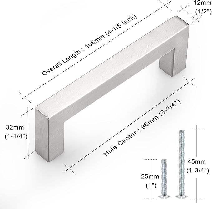 Probrico 5 Pack|Square 3-3/4 Inch Hole Center Kitchen Cabinet Handles Bedroom Dresser Pulls Stainless Steel Modern Cupboard Cabinet Hardware, 4-1/4" Overall Length