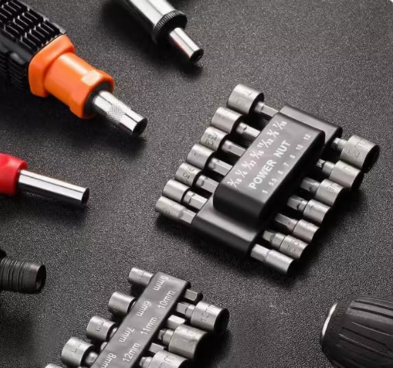Power Nut Driver Drill Bit 14-Piece Set, 1/4" Hex Drive, Metric & SAE Socket Wrench Screws Compatible with Power Tools