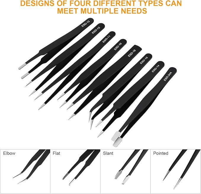 Ainiv Precision Tweezers Set, 8PCS Anti-Static ESD Tweezers, Non-Magnetic Stainless Steel Curved Tweezers Set for Modeling, Electronic Repair, Handicraft, Laboratory, Jewelry Manufacturing, Hobby etc