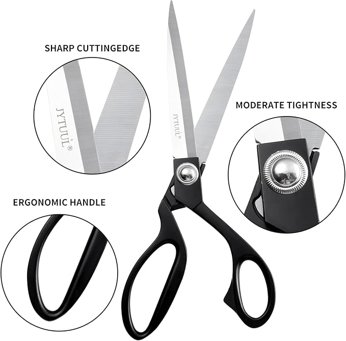 Black 10.5" Sharp Tailor Scissors - Heavy Duty Fabric, Leather & Clothing Scissors - Professional Stainless Steel Sewing Shears