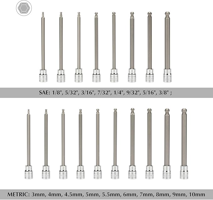 EMENTOL 18PCS 3/8" Drive Long Ball-End Hex Bit Socket Set, CR-V, S2 Steel, SAE/Metric, Extra Long Allen Bit Socket Set, 1/8 Inch - 3/8 Inch, 3mm - 10mm