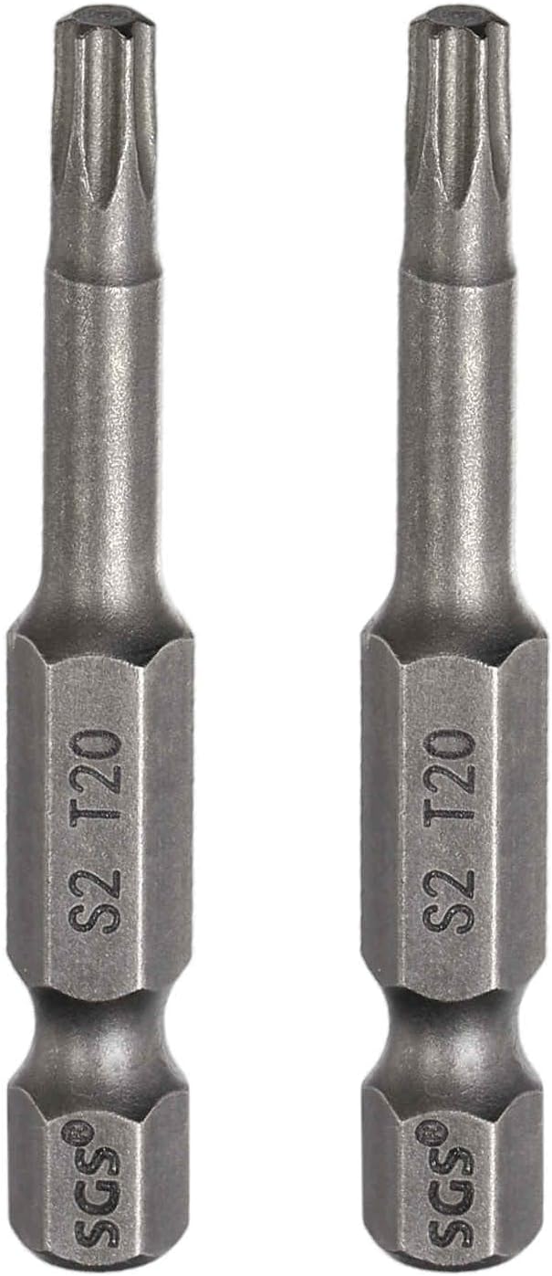 HARFINGTON 2pcs T20 Torx Head Screwdriver Bit 1/4" Hex Shank 2" (50mm) Long Magnetic No Hole Tip Tamper Proof 6 Point Star Screw Driver Drill Bits S2 Steel Industrial Power Screwdrivers