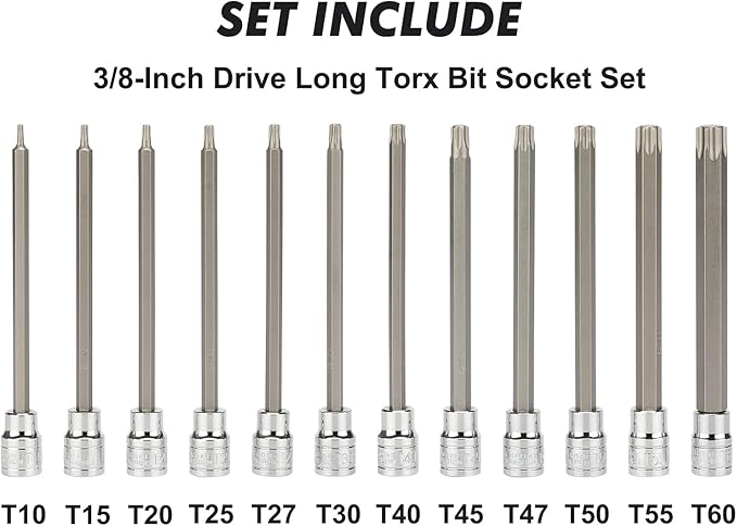 CASOMAN 3/8"Drive Extra Long Torx Bit Socket Set, 12 Piece Torx Star Bit Set, T10 to T60, Length: 150mm, CR-V&S2 Steel